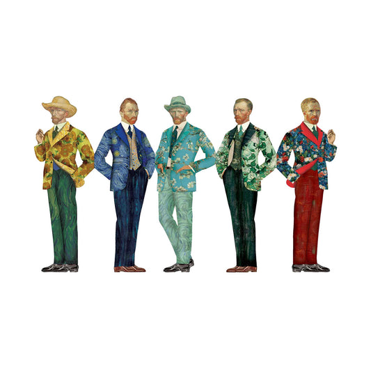 Die fünf verschiedenen Karton-Lesezeichen der Vincent-van-Gogh-Kollektion nebeneinander aufgereiht vor weißem Hintergrund. Die eleganten Silhouetten zeigen den Künstler in verschiedenen Anzügen, die jeweils ein anderes Meisterwerk wie die Sternennacht, weiße Rosen, Sonnenblumen oder Mandelblüten darstellen.