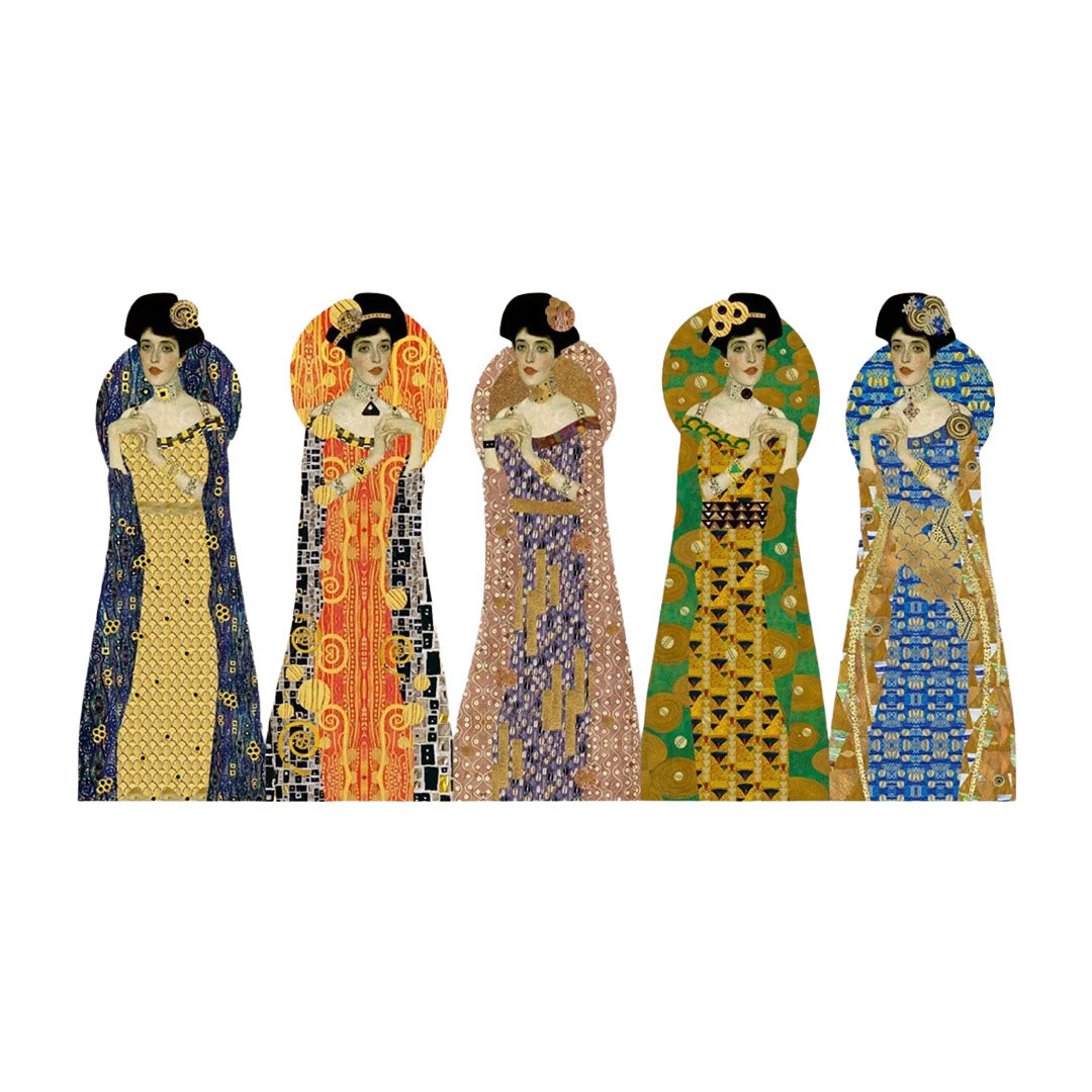 Die komplette Kollektion des 5er-Sets der Gustav Klimt Lesezeichen nebeneinander aufgereiht. Jedes Lesezeichen zeigt dasselbe Frauenporträt, aber mit unterschiedlich farbigen, gemusterten Kleidern und Heiligenschein-ähnlichen Hintergründen von links nach rechts: Dunkelblau-Gold, Orange-Schwarz, Altrosa-Mauve, Smaragdgrün-Gold und Kobaltblau-Gold.