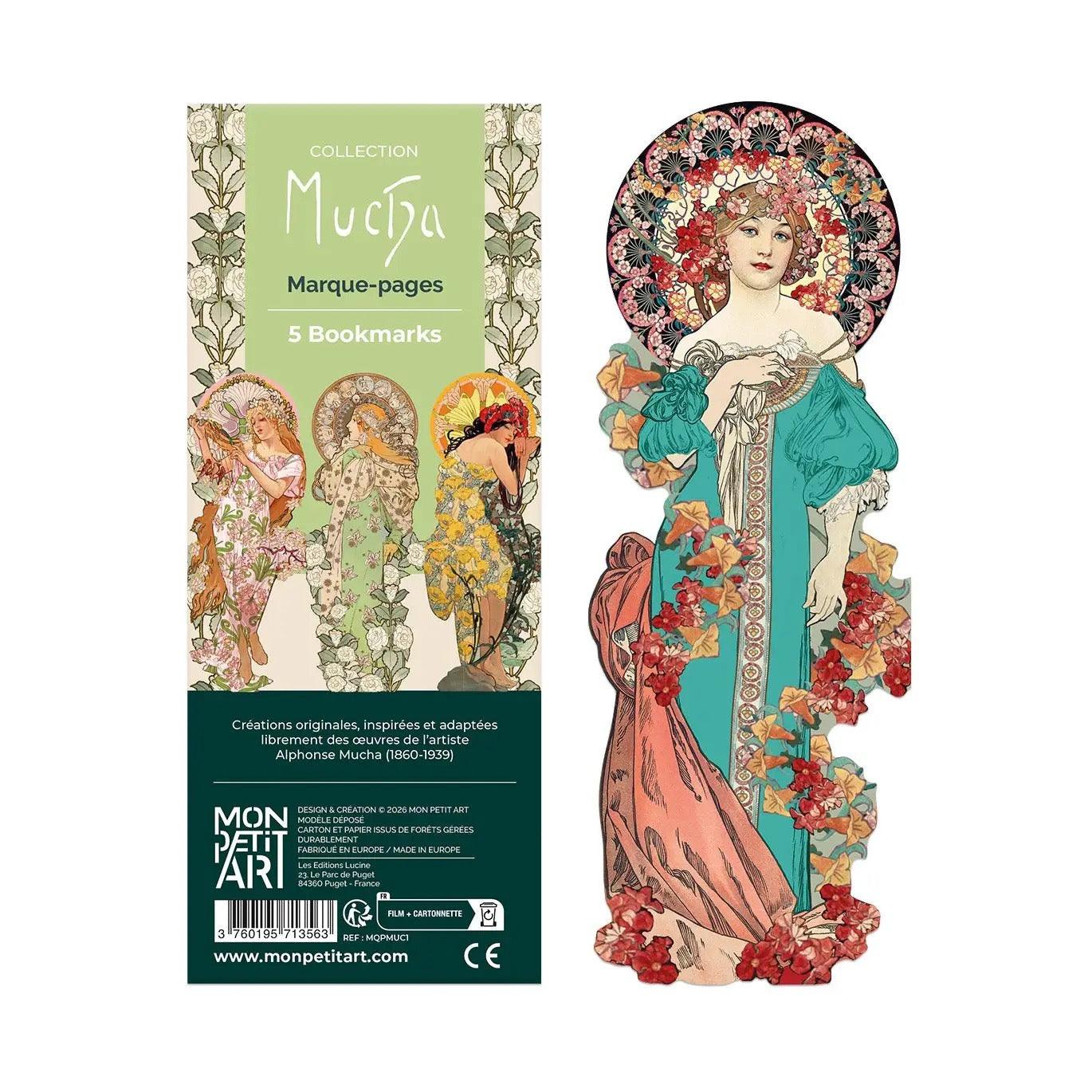 Ein zartrosa Notizbuch auf hellem Hintergrund, flankiert von einem grünen Zweig und einem goldenen Stift. Ein Lesezeichen einer seitlich blickenden Renaissance-Frau im dunkel gemusterten Kleid mit weißen Rosen in den Händen liegt auf dem Buch, während im Hintergrund zwei weitere Botticelli-Figuren zu sehen sind.
