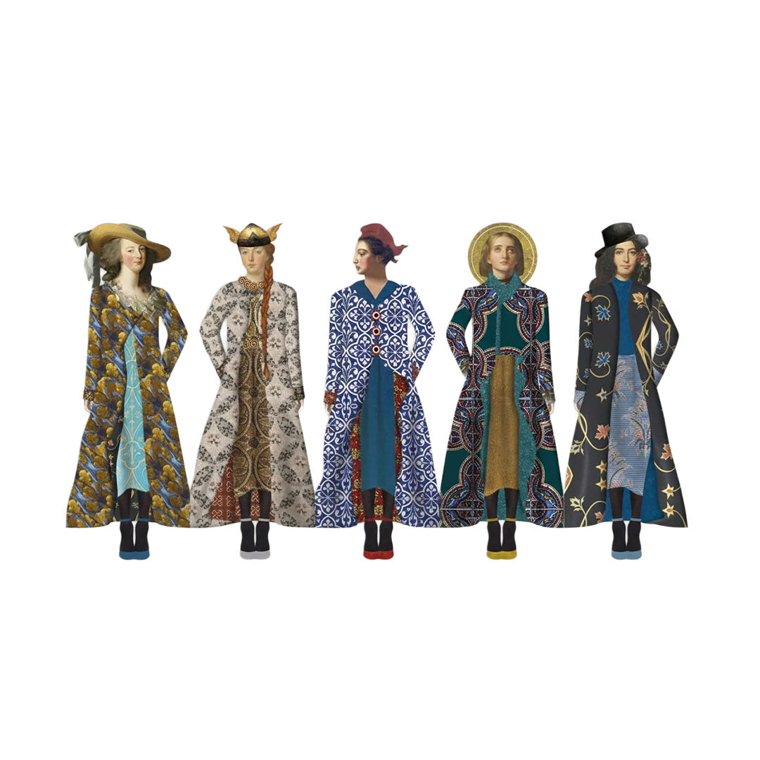 Fünf figürlich gestanzte Lesezeichen von Mon Petit Art nebeneinander aufgereiht. Jedes zeigt die Silhouette einer historischen französischen Frauenfigur in modischen, gemusterten Mänteln. Von links nach rechts: Eine Dame mit Strohhut in gold-blauem Barockmuster, eine Kriegerin mit geflochtenem Haar im historisch-floralen Mantel, eine Frau mit roter Mütze im blau-weißen Fliesenmuster, eine Heilige mit Heiligenschein im tiefgrünen Mosaikmantel sowie eine Dame mit Zylinder im schwarzen Jugendstil-Mantel.