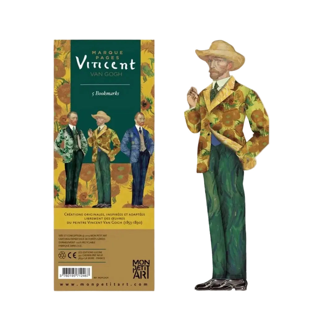 Die Verpackung der „Marque-pages Vincent Van Gogh“ von Mon Petit Art in Dunkelgrün und Gelb mit der Aufschrift „5 Bookmarks“. Rechts daneben steht ein einzelnes Lesezeichen der Van-Gogh-Silhouette mit Strohhut, grünem Sonnenblumen-Anzug und grüner Hose.
