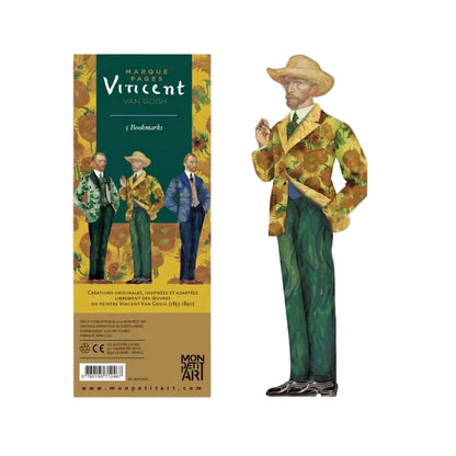 Die Verpackung der „Marque-pages Vincent Van Gogh“ von Mon Petit Art in Dunkelgrün und Gelb mit der Aufschrift „5 Bookmarks“. Rechts daneben steht ein einzelnes Lesezeichen der Van-Gogh-Silhouette mit Strohhut, grünem Sonnenblumen-Anzug und grüner Hose.