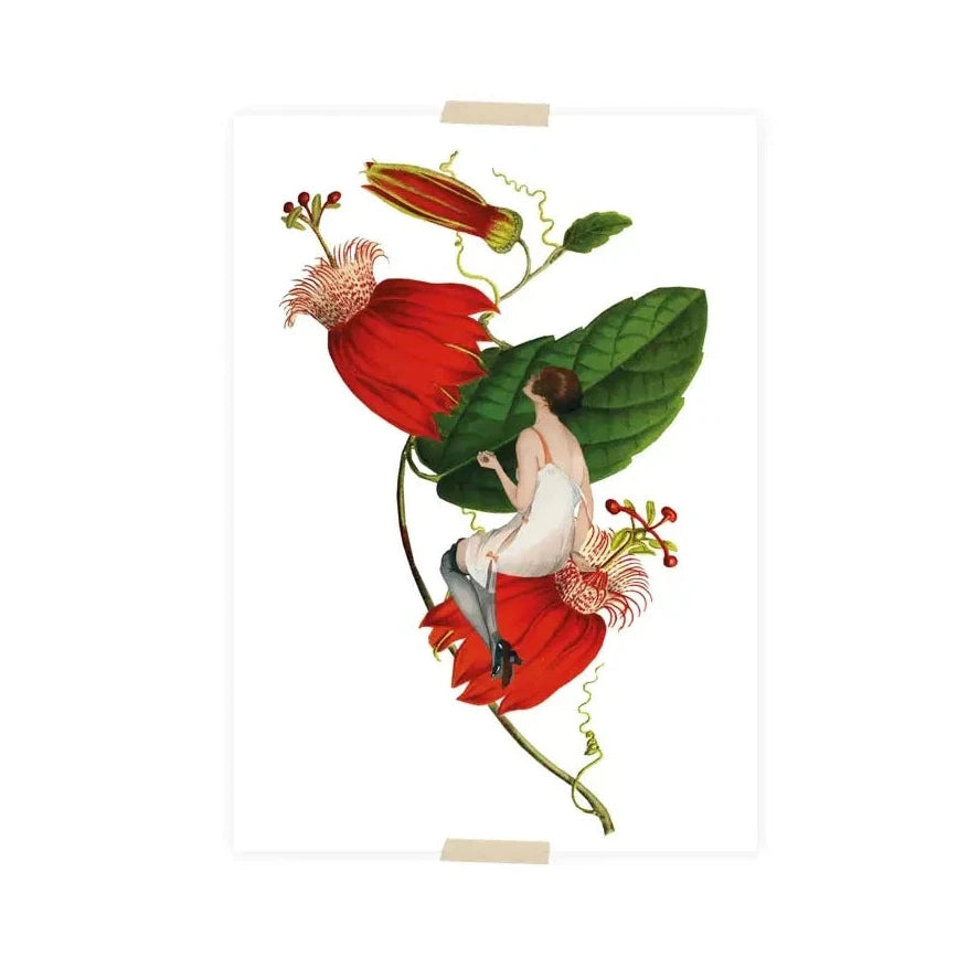 vintageillustration mit einer Frau, die auf einer passionsblume sitzt