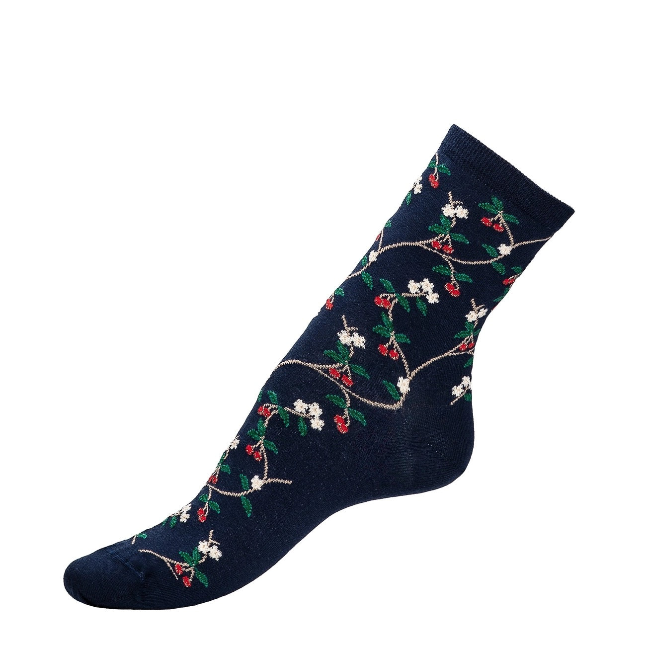Seitenansicht einer dunkelblauen Socke mit Kirsch- und Blütenmuster, die die elegante Passform am Fuß zeigt.