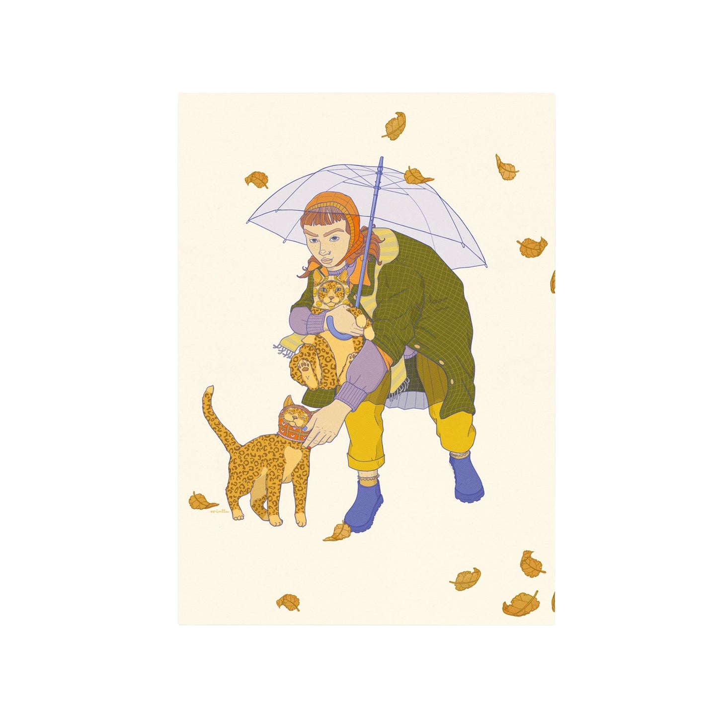 Eine flach illustrierte Postkarte zeigt eine Person, die einen klaren Regenschirm über sich und zwei Leoparden hält, die eher wie zahme Katzen aussehen. Sie hockt und trägt ein gelbes Kopftuch, einen grünen karierten Mantel, gelbe Hosen und blaue Stiefel. Ein Leopard ist in ihren Armen, der andere Leopard geht an ihrer Seite. Der Hintergrund ist schlicht cremefarben, auf dem herbstliche Blätter herabfallen. Die Illustration ist im Linienkunst-Stil gehalten.