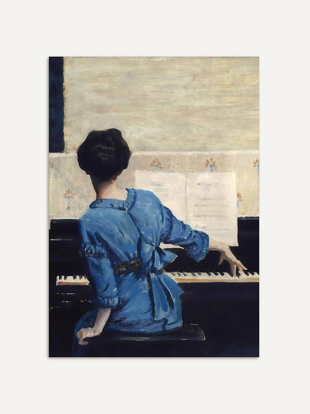Kunst-Reproduktion von William Merritt Chases Gemälde "Der Grundton" (1915) mit einer Frau im blauen Kleid am Klavier.