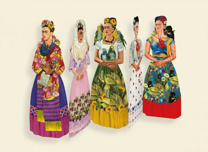 Die fünf verschiedenen, bunt illustrierten Karton-Lesezeichen von Mon Petit Art nebeneinander aufgereiht. Jede Figur zeigt Frida Kahlo in einem anderen ikonischen Selbstporträt mit unterschiedlichen traditionellen Kleidern, Tiermotiven wie Affen und Papageien sowie floralem Haarschmuck vor hellem Hintergrund.
