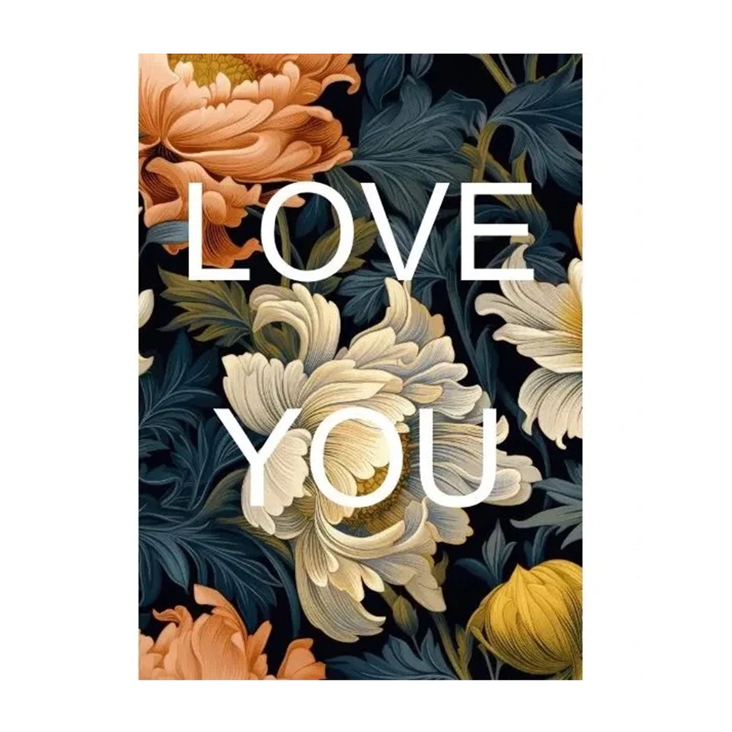 Bunte Blumenmuster mit dem Text 'LOVE YOU' in großen weißen Buchstaben in der Mitte.