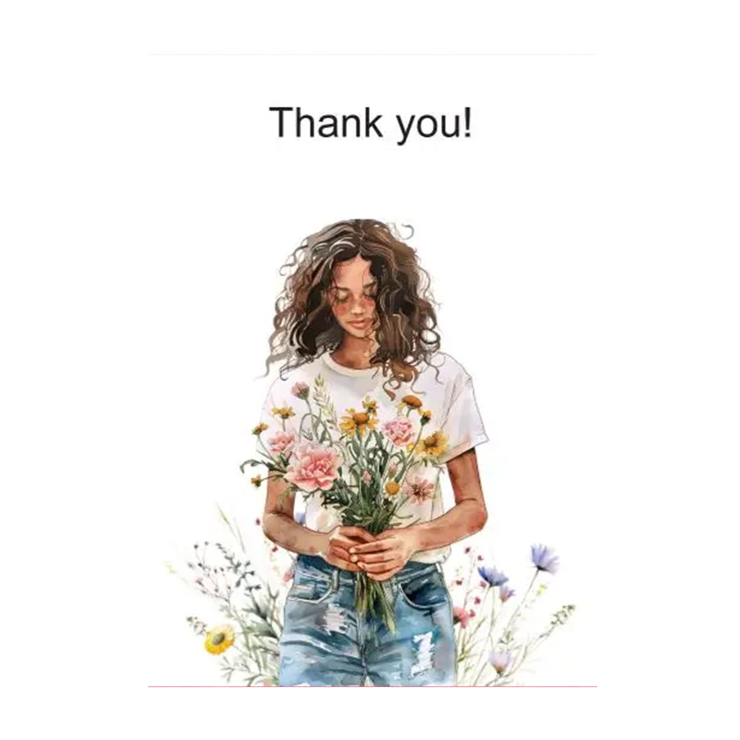 Frau mit lockigem Haar in weißem T-Shirt und Jeansshorts hält einen Strauß aus verschiedenen Blumen und steht vor einer floral gestalteten Hintergrundgrafik. Text: 'Thank you!'. 