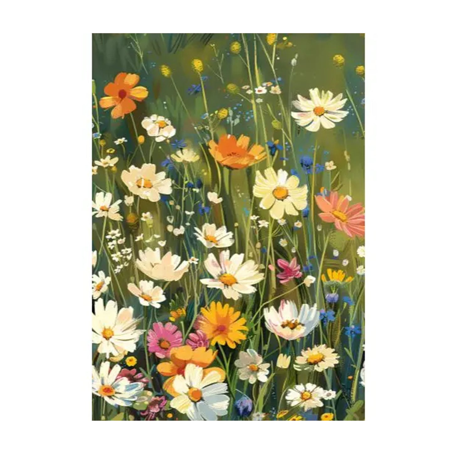 Eine dichte, üppig bewachsene Sommerwiese voller Cosmea-Blüten und Gänseblümchen in Weiß, Gelb, Orange und Rosa. Die Perspektive zieht den Betrachter mitten in das lebendige, grüne Dickicht der Pflanzen hinein.