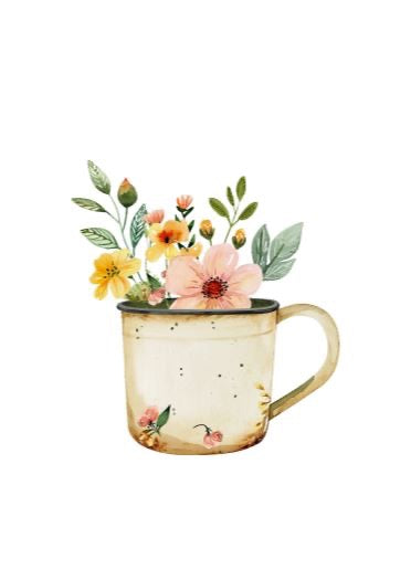 Beige Emaille-Tasse mit bunten Blumen und grünen Blättern