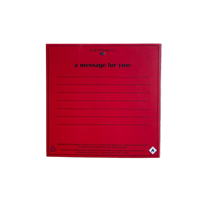 Rote Rückseite einer Muse Matches Co. Streichholzbox mit der Aufschrift a message for you und Linien für eine persönliche Nachricht.