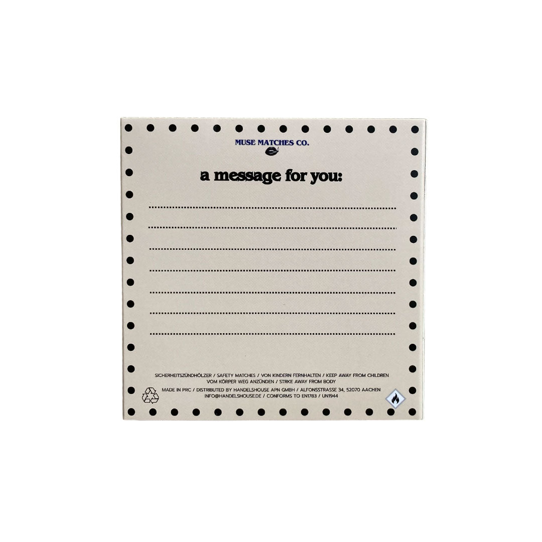 WeißeRücks eite der Eulen-Streichholzschachtel mit Linien für persönliche Texte und schwarzem "a message for you" Schriftzug.