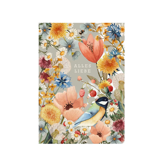Florale Illustration mit Wildblumen, einer Blaumeise und dem Schriftzug "ALLES LIEBE" in Weiß.