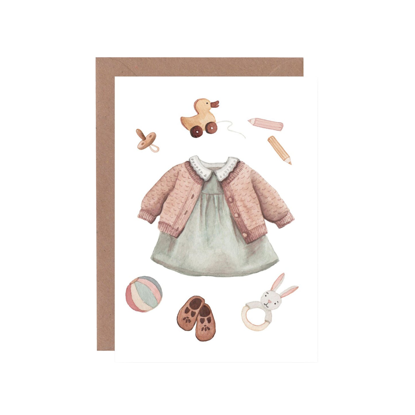 Aquarell-Illustration einer Baby-Grußkarte mit einem grünen Kleid, rosa Strickjacke, Holzente, Babyschuhen und Rassel im Vintage-Stil.