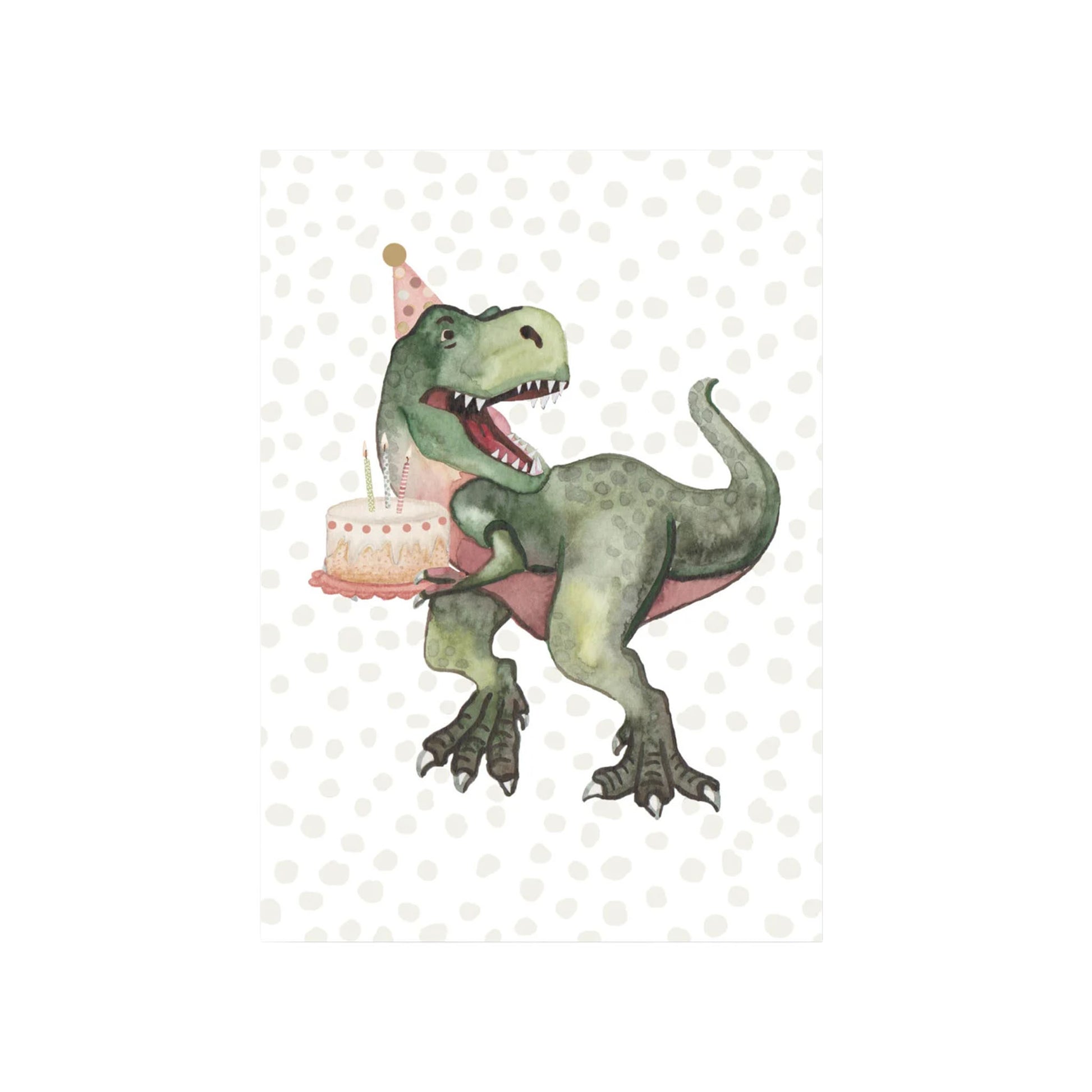 Grüner Dinosaurier (T-Rex) mit rosa Partyhut hält eine Geburtstagstorte mit Kerzen; gepunkteter Hintergrund.
