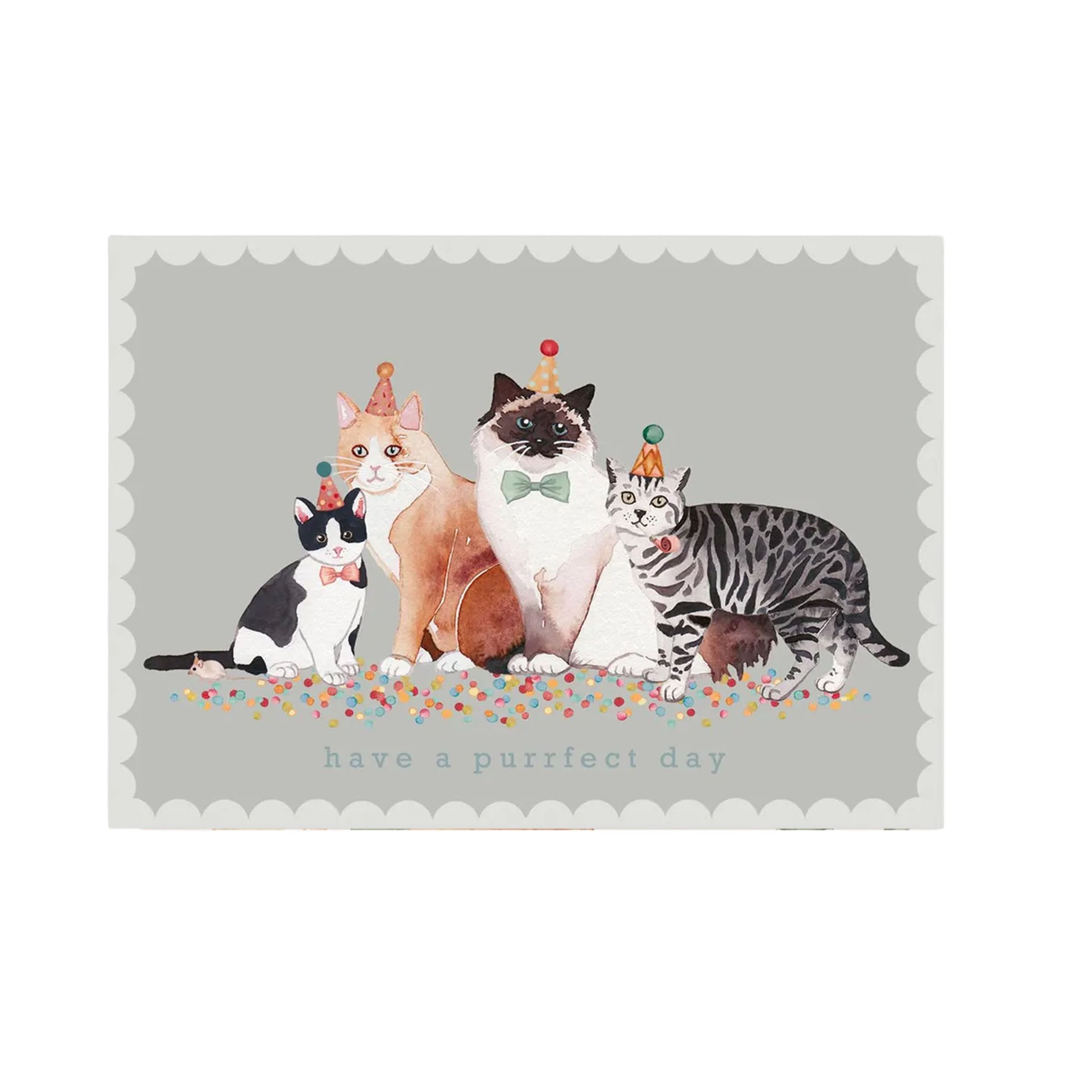 Aquarell-Illustration von vier Katzen mit Partyhüten und Konfetti, Text: "have a purrfect day".