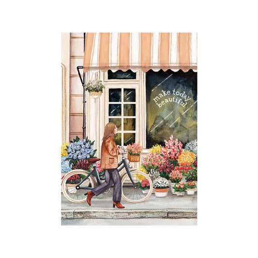 Eine Aquarell-Illustration einer Frau mit braunen Haaren und karierter Jacke, die ein blaues Fahrrad an einem Blumenladen vorbeischiebt. Im Weidenkorb des Fahrrads und auf dem Gehweg davor stehen zahlreiche bunte Blumen in Töpfen. Das Schaufenster trägt die Aufschrift „make today beautiful“ unter einer orange-weiß gestreiften Markise.