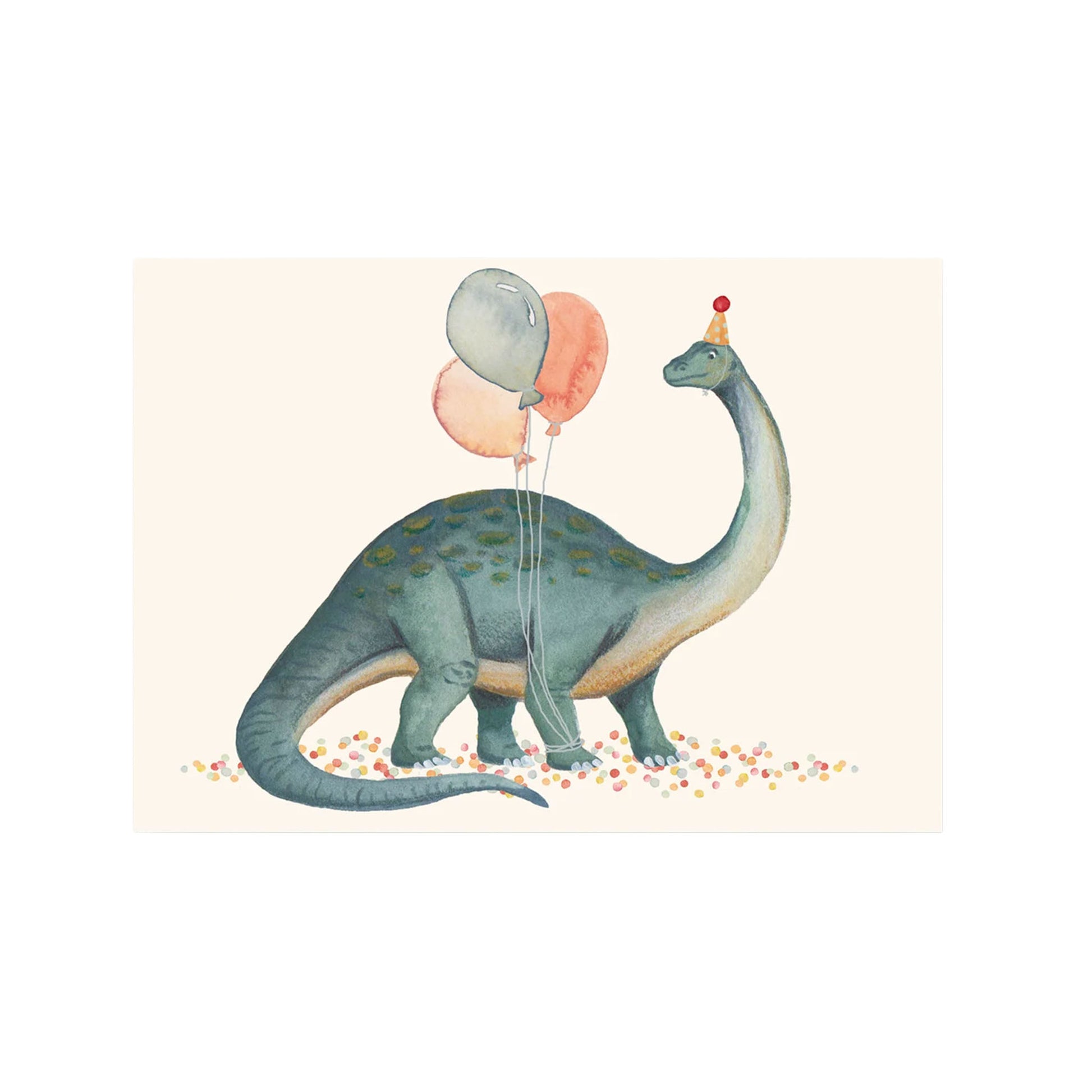 Illustration eines Brachiosaurus mit Partyhut und drei Luftballons an seinem Schwanz gebunden.
