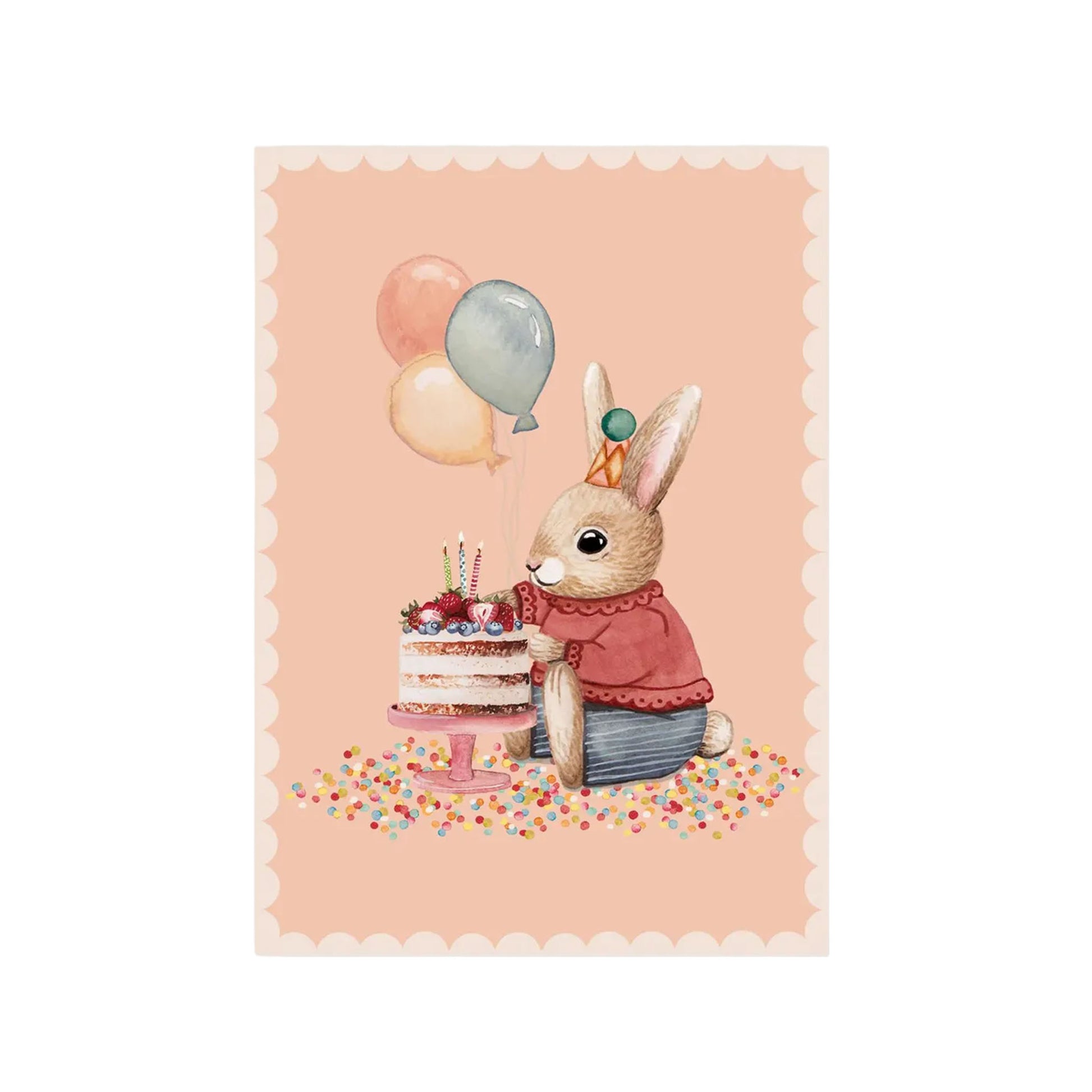 Niedliche Aquarell-Illustration eines Hasen mit Partyhut und rotem Pullover, der vor einer Torte mit Kerzen sitzt. Im Hintergrund schweben Luftballons, auf dem Boden liegt Konfetti.