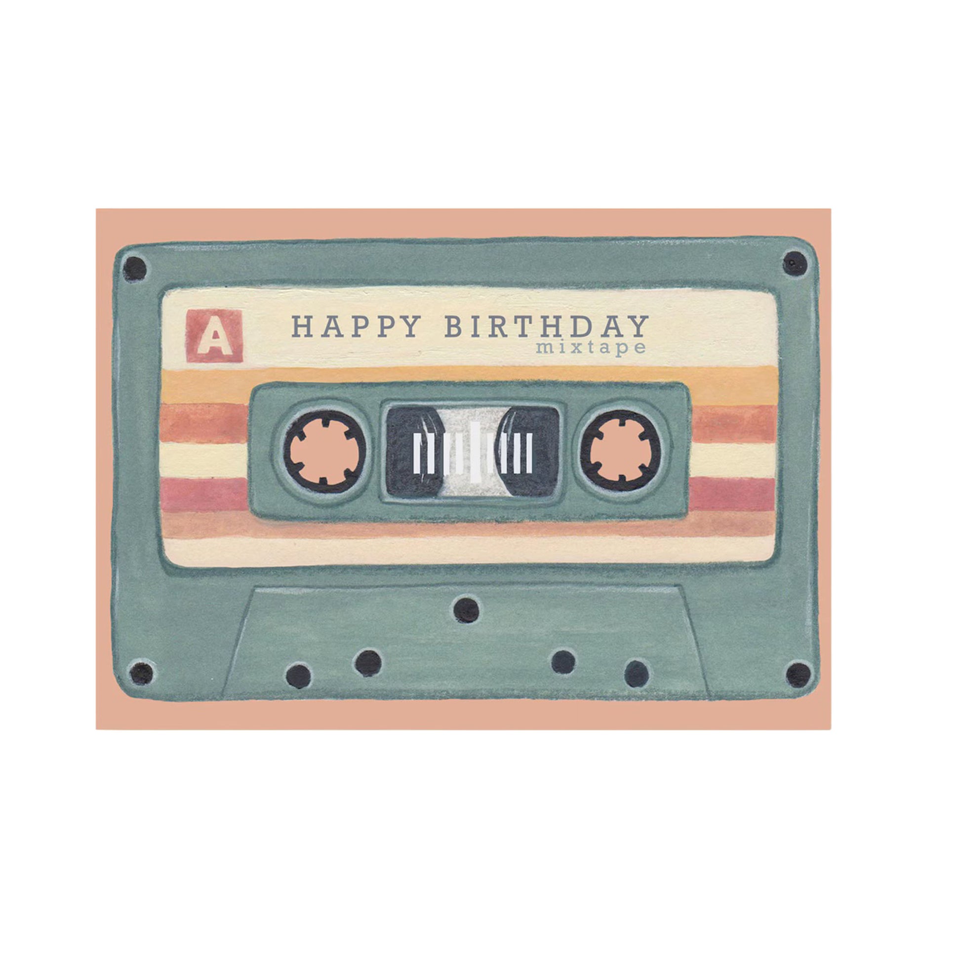 Illustration einer türkisfarbenen Musikkassette mit bunten Streifen und Aufschrift "HAPPY BIRTHDAY mixtape".