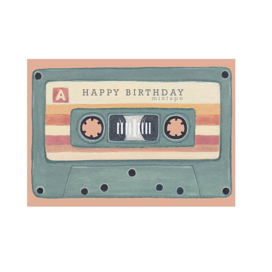 Illustration einer türkisfarbenen Musikkassette mit bunten Streifen und Aufschrift "HAPPY BIRTHDAY mixtape".