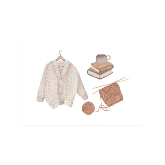 Aquarell-Zeichnung eines hellen Cardigans auf einem Bügel, Strickzeug, Bücherstapel und eine Tasse Tee.