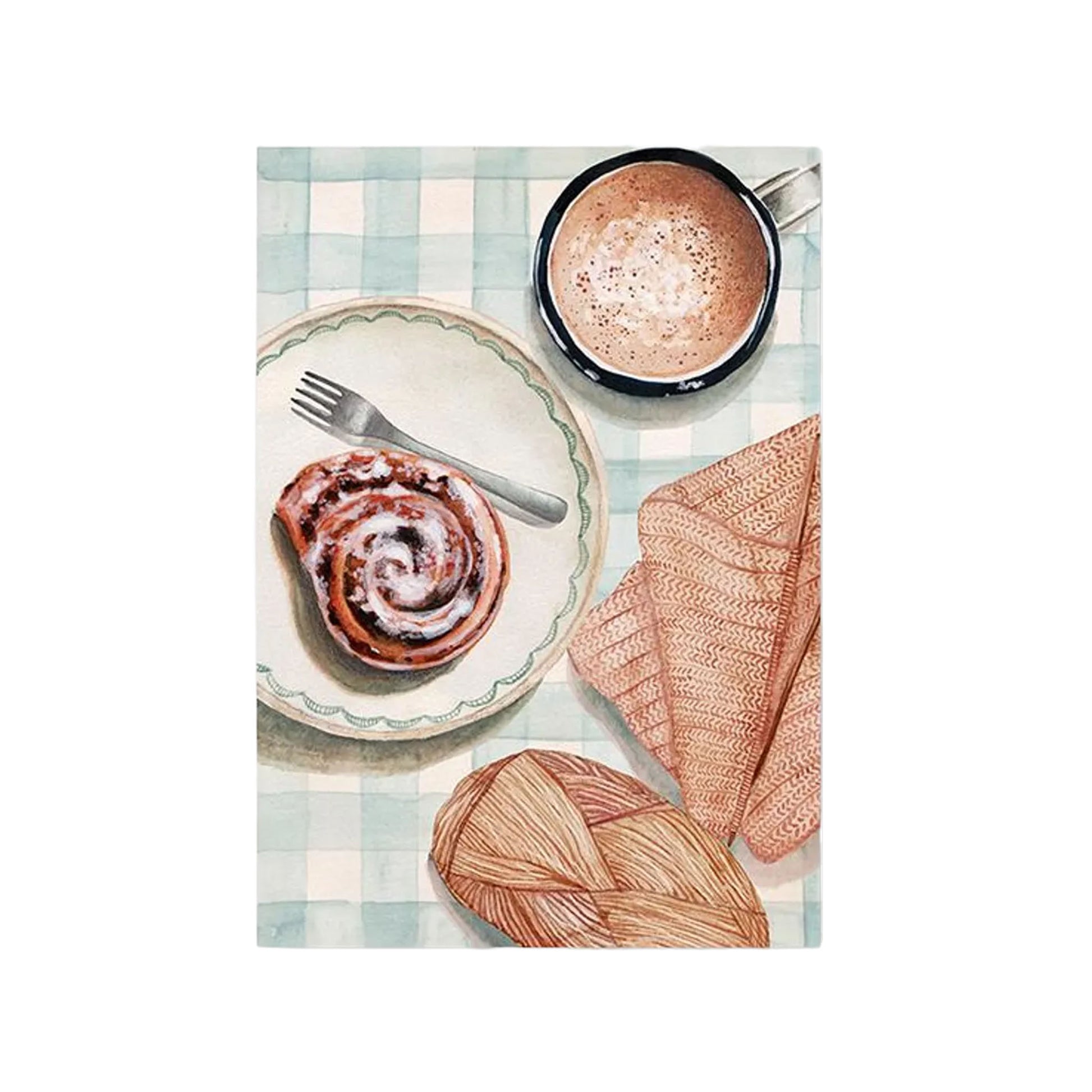 Aquarell-Illustration einer Zimtschnecke, einer Tasse heißer Schokolade und einem Knäuel Wolle mit Strickzeug auf grün-weißem Karo.