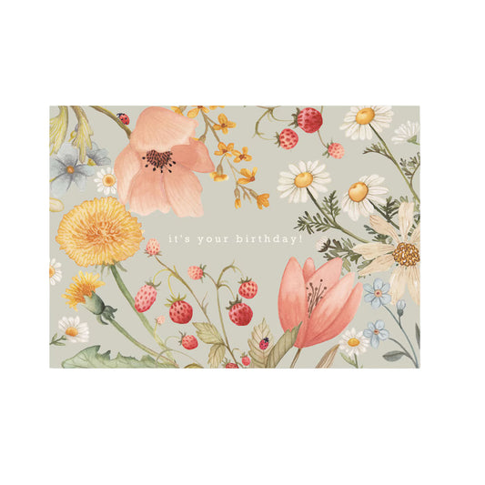 Aquarell-Wildblumenwiese mit Erdbeeren und Marienkäfern, Text in der Mitte: "it's your birthday!".