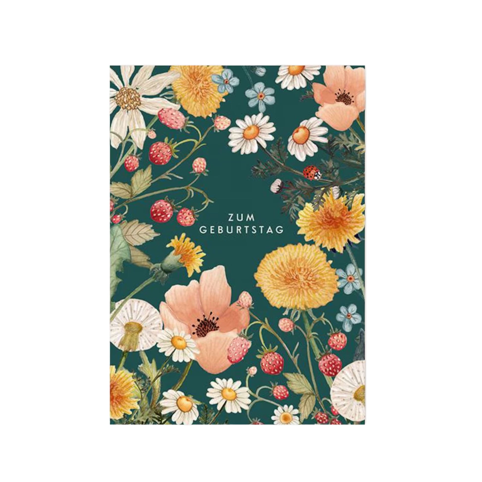 Eine botanische Aquarell-Illustration auf einem dunkelgrünen Hintergrund. Die Karte ist mit einem dichten Rahmen aus naturgetreuen Wildblumen und Früchten gestaltet, darunter leuchtend gelber Löwenzahn, weiße Gänseblümchen, zartrosa Mohnblüten und kleine rote Walderdbeeren an ihren Ranken. In der Mitte der Karte steht in schlichten, weißen Großbuchstaben der Schriftzug „ZUM GEBURTSTAG“. Ein kleiner Marienkäfer krabbelt dezent auf einem der Blätter.