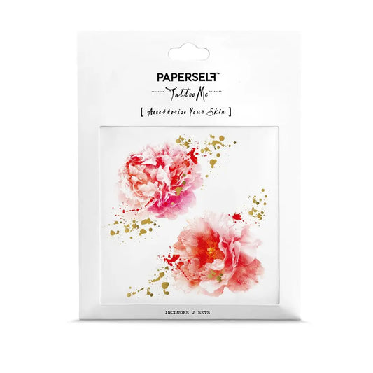 PAPERSELF Tattoo Me temporäre Tattoos mit zwei großen rot rosafarbenen Blumen und goldenen Farbspritzern