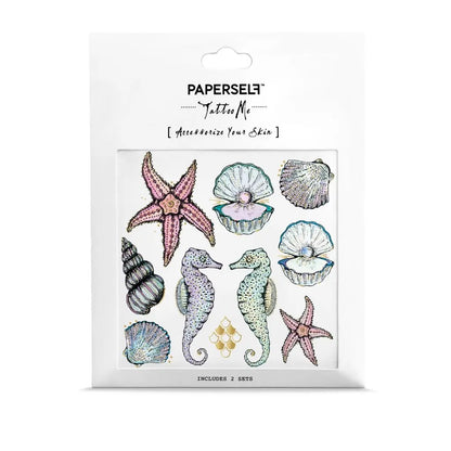 PAPERSelf temporäre Tattoos mit Meeresmotiven: Seesterne, Seepferdchen, Muscheln und Perlen