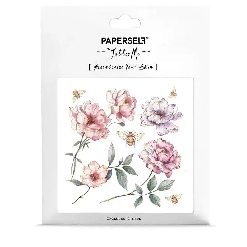 PAPERSelf Tattoo Me temporäre Tattoos mit Aquarellblumen und Bienen, zwei Sets