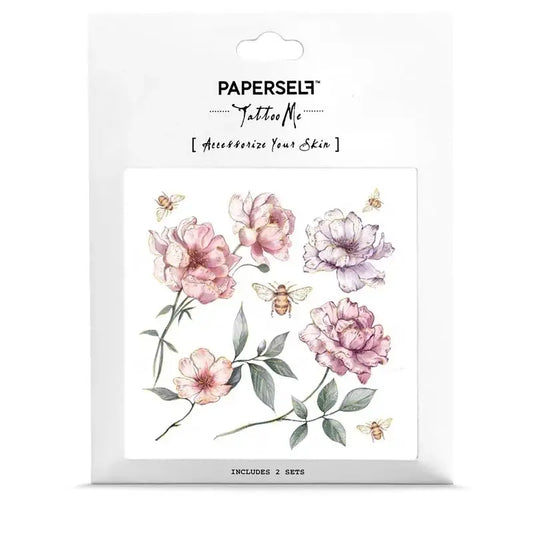 PAPERSelf Tattoo Me temporäre Tattoos mit Aquarellblumen und Bienen, zwei Sets