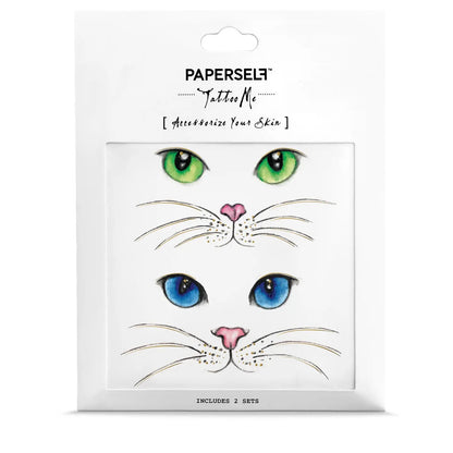 PAPERSelf Tattoo Me temporäre Tattoos mit Katzenaugen in Grün und Blau, rosa Nasen und Schnurrhaaren, zwei Sets