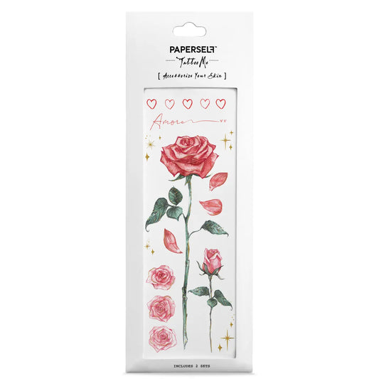Paperselt Tattoo Me  temporäre Tattoos mit roten Rosen, grünen Blättern, roten Herzen und dem Schriftzug 'Amore'