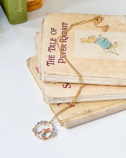 Eine goldene Halskette mit einem kreisförmigen Peter-Hase-Anhänger liegt dekorativ auf einem Stapel antiker, vergilbter Ausgaben von Beatrix Potters „The Tale of Peter Rabbit“. Die Kette ist kunstvoll über die Bücher drapiert.