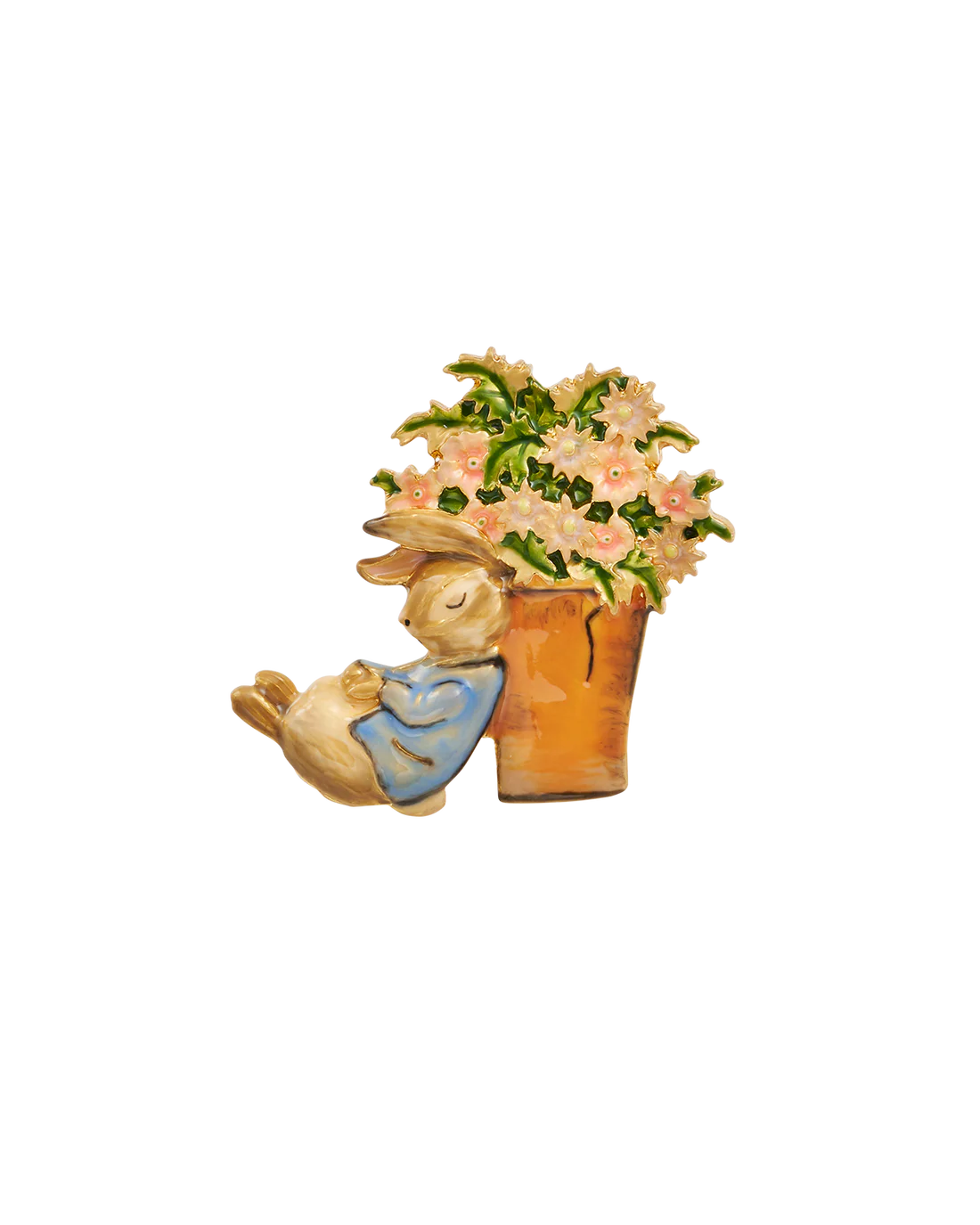 Handemaillierte Fable England Brosche mit Peter Hase, der schlafend an einem herbstlich-braunen Tontopf lehnt, gefüllt mit rosa Blumen und grünen Blättern Handemaillierte Fable England Brosche mit Peter Hase, der schlafend an einem herbstlich-braunen Tontopf lehnt, gefüllt mit rosa Blumen und grünen Blättern