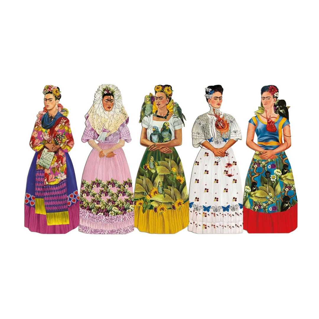 Die fünf verschiedenen, bunt illustrierten Karton-Lesezeichen von Mon Petit Art nebeneinander aufgereiht. Jede Figur zeigt Frida Kahlo in einem anderen ikonischen Selbstporträt mit unterschiedlichen traditionellen Kleidern, Tiermotiven wie Affen und Papageien sowie floralem Haarschmuck vor hellem Hintergrund.