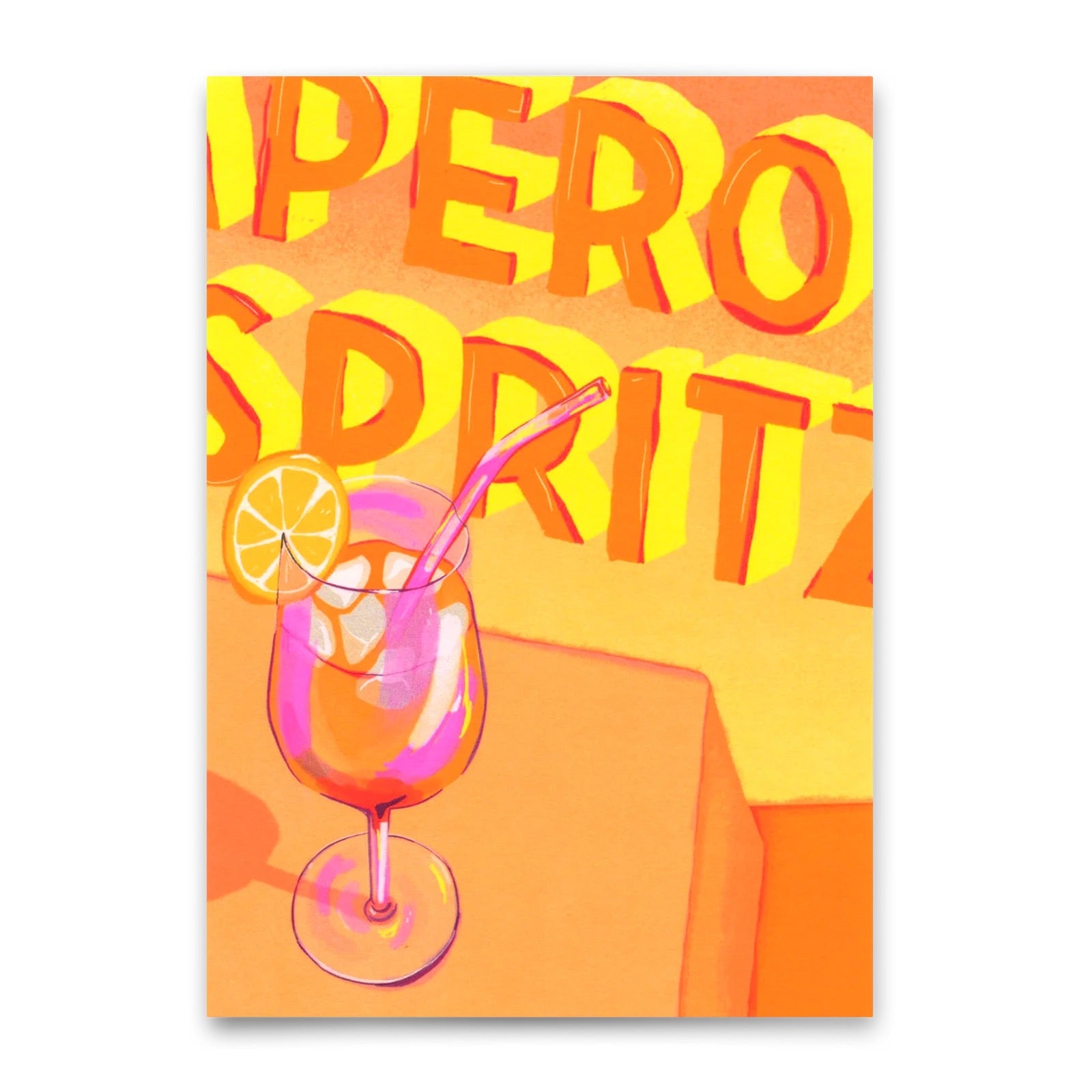 Cocktailglas mit Orangenscheibe und Strohhalm vor gelbem Hintergrund mit den Buchstaben 'PERO SPRITZ'