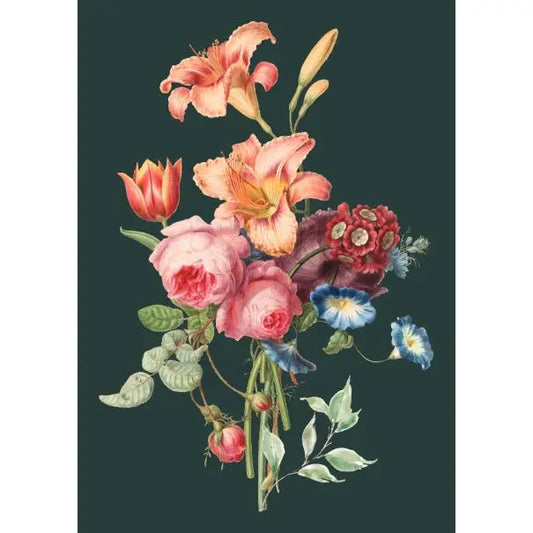 Bunte Blumenarrangement mit Lilien, Rosen, Tulpen und anderen Blumen auf dunklem Hintergrund.