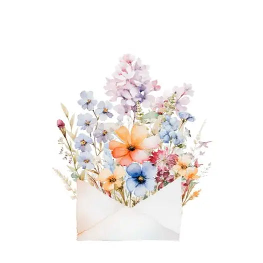 Ein offener, weißer Umschlag mit einer bunten Anordnung von Blumen, darunter lila, orange und blaue Blüten.