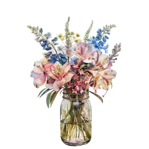 Ein Glasvase mit bunten Blumen, darunter Lilien, Lupinen und andere, in verschiedenen Farben wie Rosa und Blau.