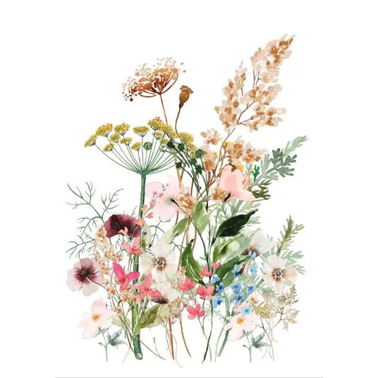 Bunte Blumenillustration mit verschiedenen Pflanzen, darunter weiße, rosa und lila Blüten sowie grüne Blätter.