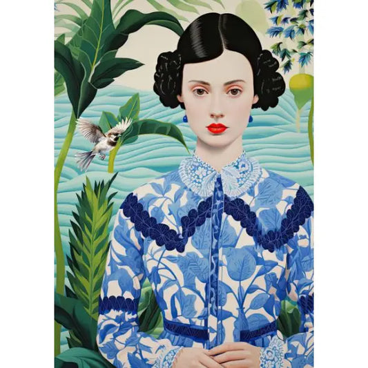Eine Frau in einem blauen, floral gemusterten Kleid mit Kragen steht vor einer bunten, tropischen Landschaft mit Pflanzen und einem Vogel.