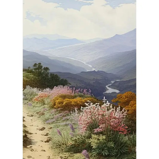 Landschaft mit einem Pfad, umgeben von bunten Blumen, die in rosa, lila und gelb blühen. Im Hintergrund erstreckt sich ein Tal mit einem Fluss und Bergen.