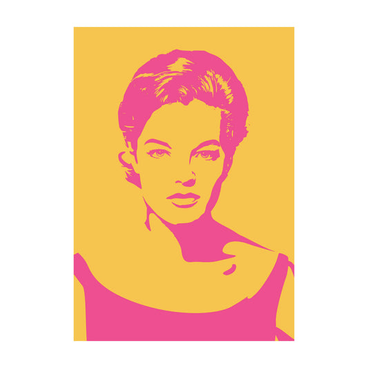 Romy Schneider Grafik in kontrastreichem Neon-Pink und Neon-Orange.