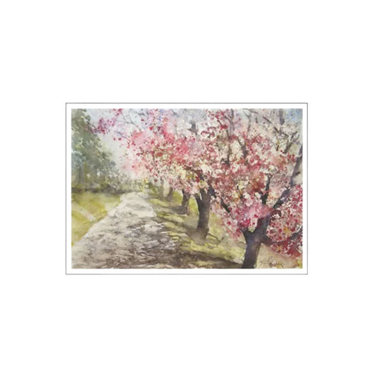 Ein sanftes Aquarellbild, das einen Weg zeigt, der von rosa blühenden Bäumen gesäumt ist.