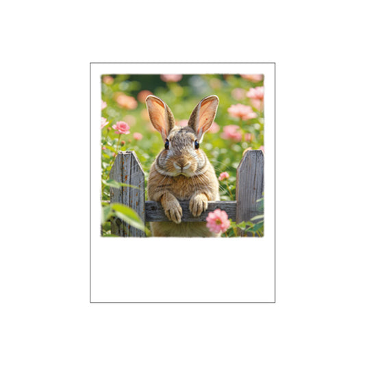 Ein flauschiger, brauner Hase lehnt mit den Pfoten an einem rustikalen Holzzaun. Im Hintergrund blühen rosa Blumen in einem sonnigen Garten.