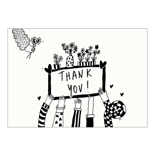 Schwarz-Weiß-Illustration von mehreren Händen in gemusterten Ärmeln, die gemeinsam ein großes Schild mit der Aufschrift „THANK YOU!“ hochhalten. Auf dem Schild stehen verschiedene Blumenvasen und Pflanztöpfe.